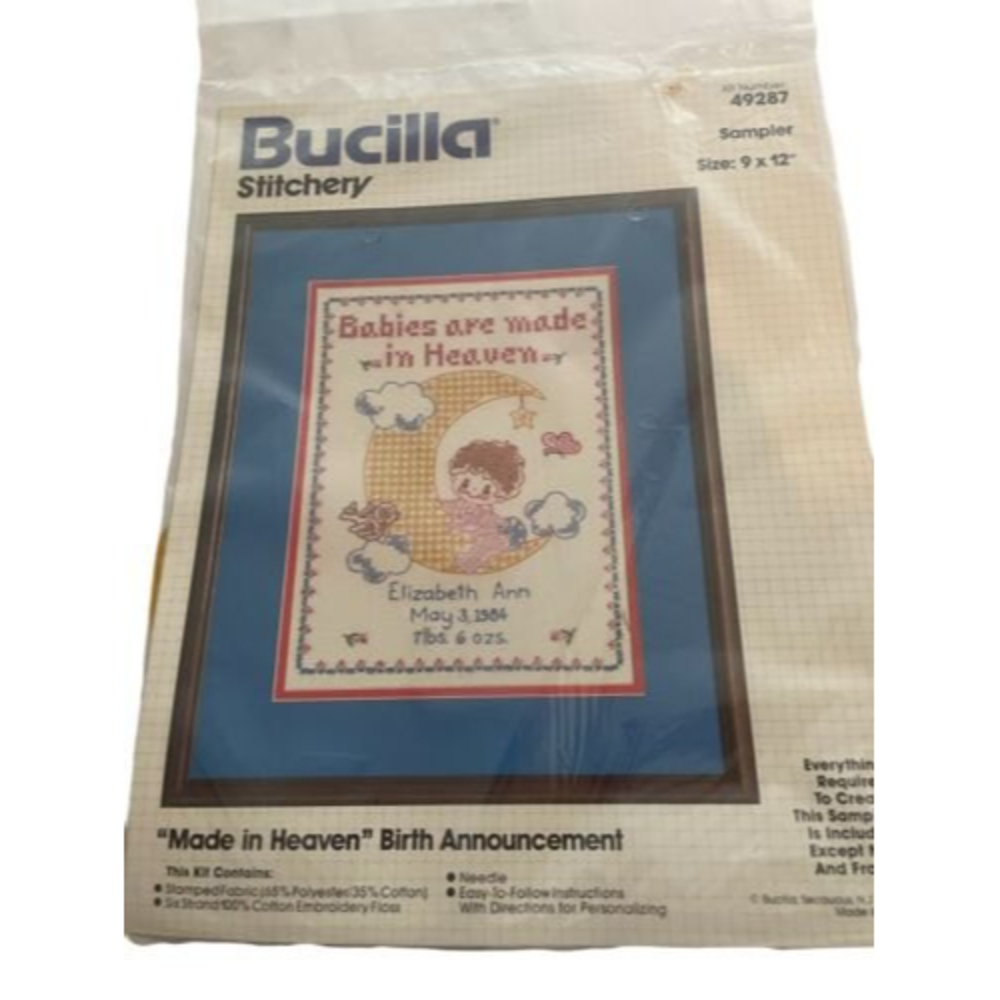 Vintage Bucilla Made in Heaven birth announcement sampler kit NOS